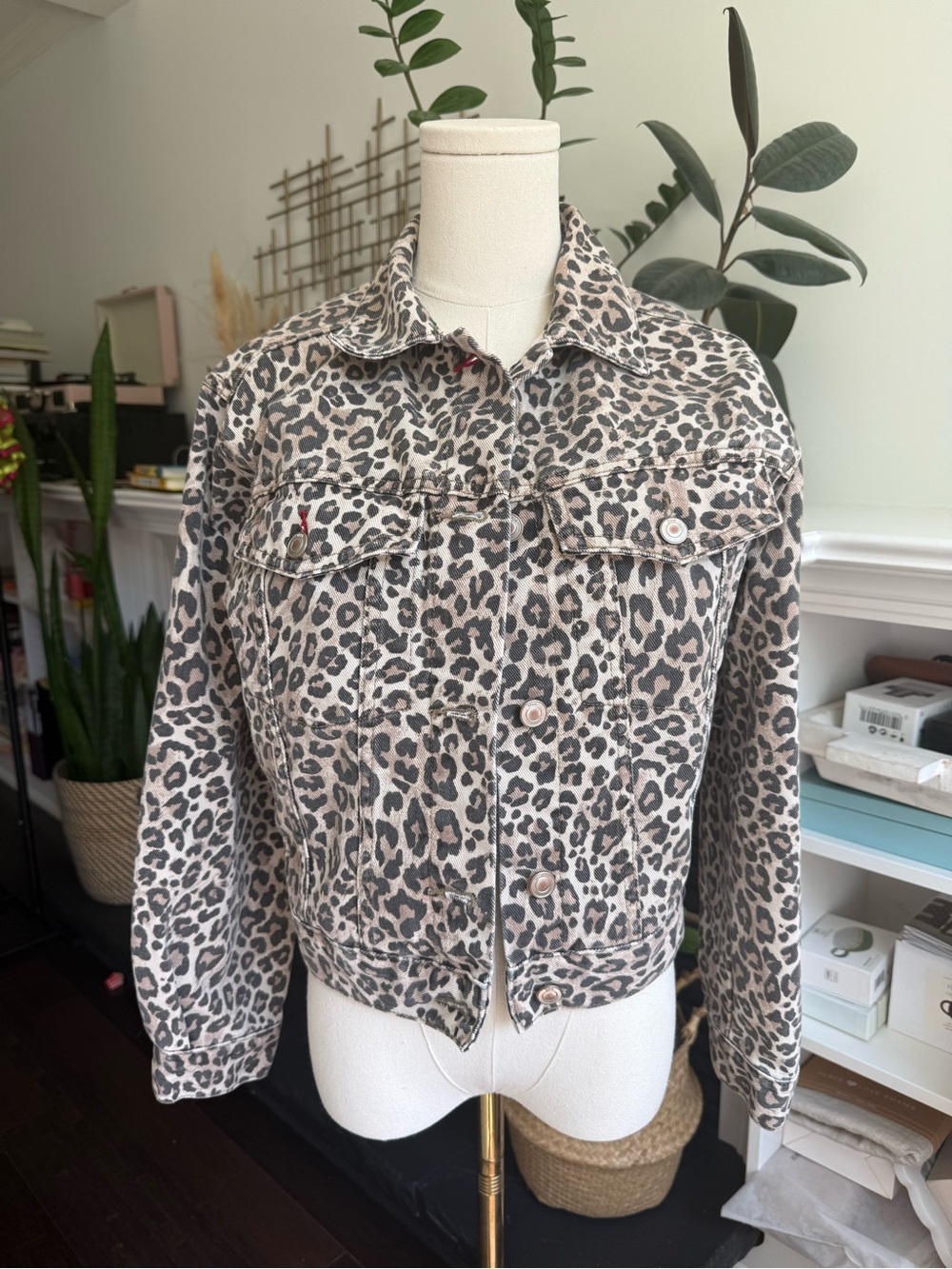 Zara Beige and Black Leopard Print Denim Jacket